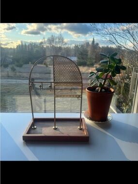 Brass and Wood Jewelry Stand with Hooks - Gold & Brown